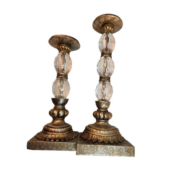 Set Of 2  Gold & Acrylic Crystal Candle Holders With Ornate Resin Bases 12 & 15 - Picture 1 of 14